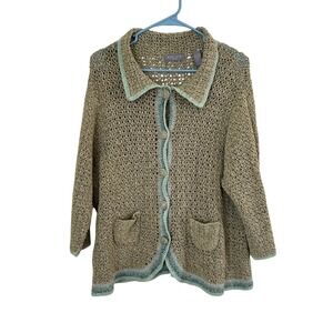 Kate Hill Cardigan Women 2X Sage Green Linen Cottagecore Open Knit Crochet Boho